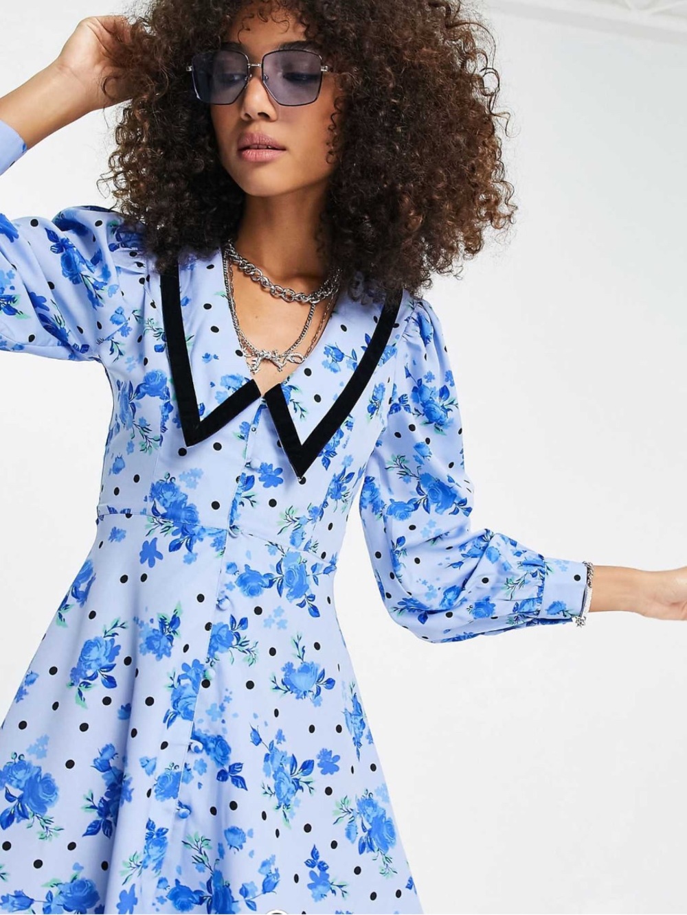 Reclaimed Vintage Light Blue Floral dress with Navy Trim collar